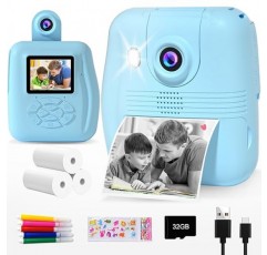 GKTZ 어린이 카메라 즉석 인쇄 - 1080P HD 즉석 인쇄 사진 - 4 5 6 7 8 9 10 여아 남학생을 위한 크리스마스 생일 선물 - 인화지 3개, 컬러 펜 5개, 32GB 카드가 포함된 휴대용 장