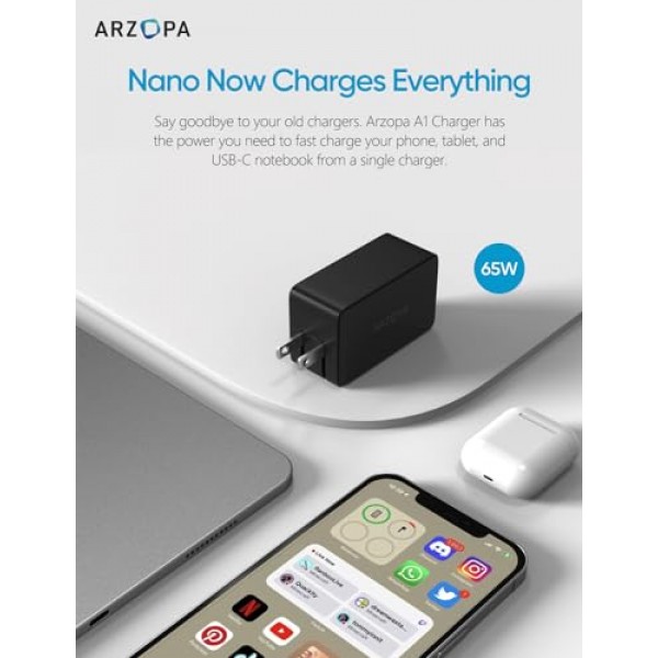 65W USB C 충전기, ARZOPA GaN 고속 충전기 3포트 전원 어댑터 스마트폰/노트북/태블릿/모니터/iPad/MacBook -C65용 소형 접이식 플러그