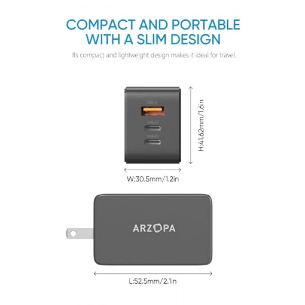 65W USB C 충전기, ARZOPA GaN 고속 충전기 3포트 전원 어댑터 스마트폰/노트북/태블릿/모니터/iPad/MacBook -C65용 소형 접이식 플러그