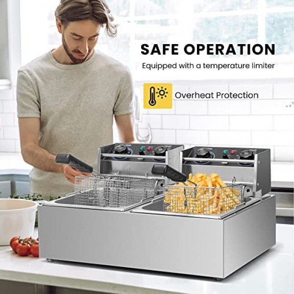 VIVOHOME 5000W 20.7Qt 전기 튀김기(60분 타이머 및 온도 조절 기능 포함), 상업용 및 가정용 6.35QT 탈착식 바구니 2개
