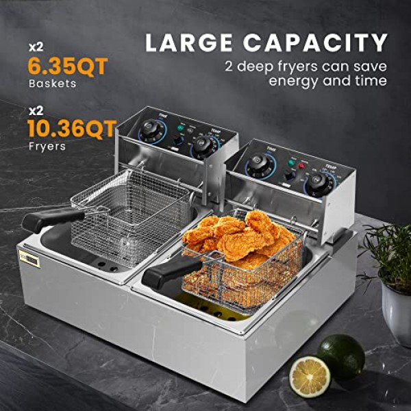 VIVOHOME 5000W 20.7Qt 전기 튀김기(60분 타이머 및 온도 조절 기능 포함), 상업용 및 가정용 6.35QT 탈착식 바구니 2개