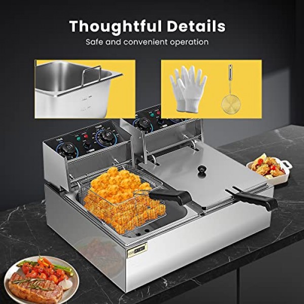 VIVOHOME 5000W 20.7Qt 전기 튀김기(60분 타이머 및 온도 조절 기능 포함), 상업용 및 가정용 6.35QT 탈착식 바구니 2개