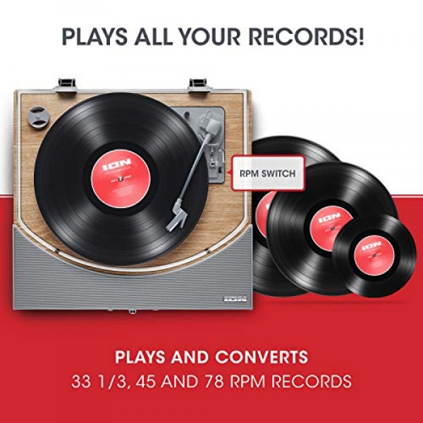 ION Audio Premier LP, 스피커가 포함된 USB Bluetooth 턴테이블/PC 또는 Mac으로의 디지털 변환기, 천연 목재 마감