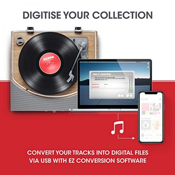 ION Audio Premier LP, 스피커가 포함된 USB Bluetooth 턴테이블/PC 또는 Mac으로의 디지털 변환기, 천연 목재 마감