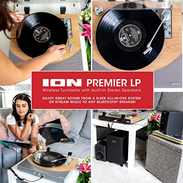 ION Audio Premier LP, 스피커가 포함된 USB Bluetooth 턴테이블/PC 또는 Mac으로의 디지털 변환기, 천연 목재 마감