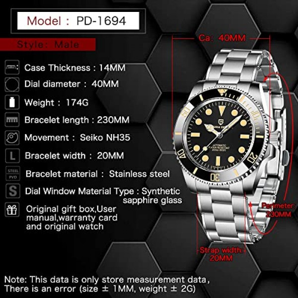 Pagani Design 40MM 남성용 시계 자동 시계 NH35 무브먼트 클래식 패션 브랜드 비즈니스 우아한 남성용 시계 아날로그 축광 스테인레스 스틸 200M 방수 다이빙 시계