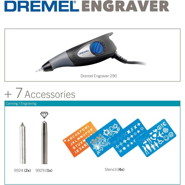 Dremel 290 Engraver - 나무, 금속, 도자기, 플라스틱, 가죽 조각을 위한 3개의 조각 팁과 4개의 공예 스텐실이 있는 소형 조각 펜 도구