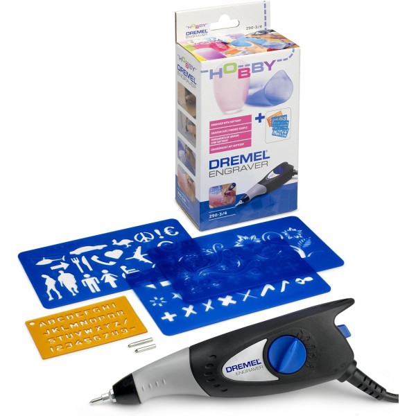 Dremel 290 Engraver - 나무, 금속, 도자기, 플라스틱, 가죽 조각을 위한 3개의 조각 팁과 4개의 공예 스텐실이 있는 소형 조각 펜 도구