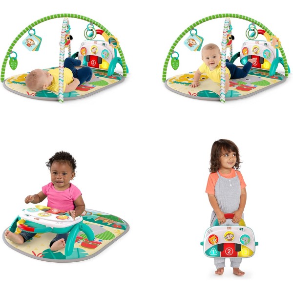 Bright Starts 4-in-1 Groovin' Kicks 피아노 체육관, Tummy Time 놀이 매트 및 활동 아기 장난감, 녹색 - 열대 사파리, 신생아부터 유아까지 BS 열대 사파리