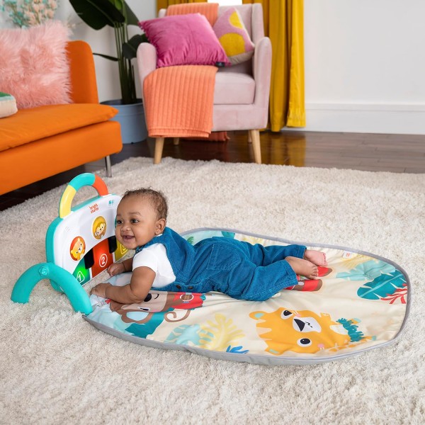 Bright Starts 4-in-1 Groovin' Kicks 피아노 체육관, Tummy Time 놀이 매트 및 활동 아기 장난감, 녹색 - 열대 사파리, 신생아부터 유아까지 BS 열대 사파리