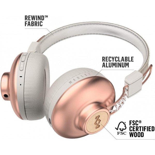 House of Marley 블루투스 오버이어 무선 헤드폰 '포지티브 바이브레이션' 마이크 통합 - 지속 가능한 소재로 제작된 무선 헤드폰/Dj 헤드폰 - 여분의 케이블(로즈 골드) 로
