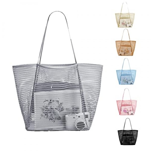 LXIAOY 비치 가방 대형 여성 메쉬 숄더 백 핸드백 수영 가방 접이식 비치 가방 스포츠 가방 레저 가방 쇼핑백 비치 가족 구매자를위한 토트 백