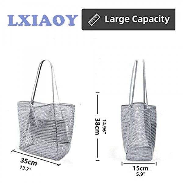 LXIAOY 비치 가방 대형 여성 메쉬 숄더 백 핸드백 수영 가방 접이식 비치 가방 스포츠 가방 레저 가방 쇼핑백 비치 가족 구매자를위한 토트 백