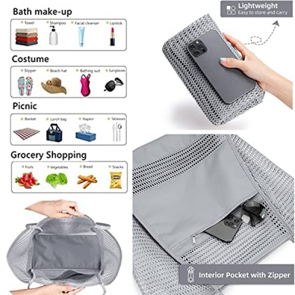 LXIAOY 비치 가방 대형 여성 메쉬 숄더 백 핸드백 수영 가방 접이식 비치 가방 스포츠 가방 레저 가방 쇼핑백 비치 가족 구매자를위한 토트 백