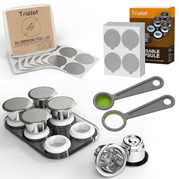 Nespresso OriginalLine 기계와 호환되는 재사용 가능한 캡슐 용 6pcs 리필 가능 커피 포드 세트 및 200pcs 알루미늄 뚜껑