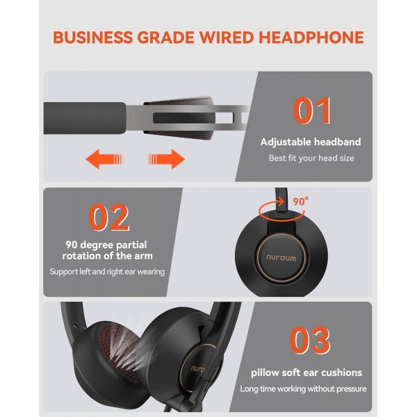 PC용 마이크가 장착된 Nuroum HP11-D 헤드셋, 편안한 유선 이중 귀(스테레오) 헤드셋, 3.5mm 잭을 통해 데스크탑/Mac에 연결, 통화/회의/음악 스테레오+3.5mm용 Zoom/Teams와 호환