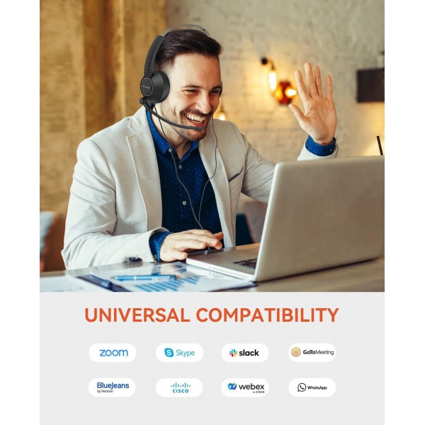 PC용 마이크가 장착된 Nuroum HP11-D 헤드셋, 편안한 유선 이중 귀(스테레오) 헤드셋, 3.5mm 잭을 통해 데스크탑/Mac에 연결, 통화/회의/음악 스테레오+3.5mm용 Zoom/Teams와 호환