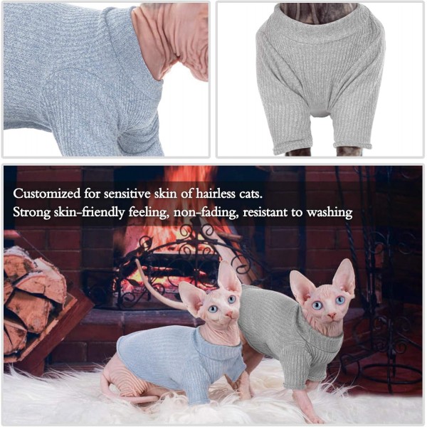털이없는 고양이 조끼 터틀넥 통기성 사랑스러운 고양이 옷 스웨터 새끼 고양이 티셔츠 소매가있는 고양이 잠옷 점프 슈트 Sphynx Cornish Rex Devon Rex Peterbald S (2.2-4lbs) Blue
