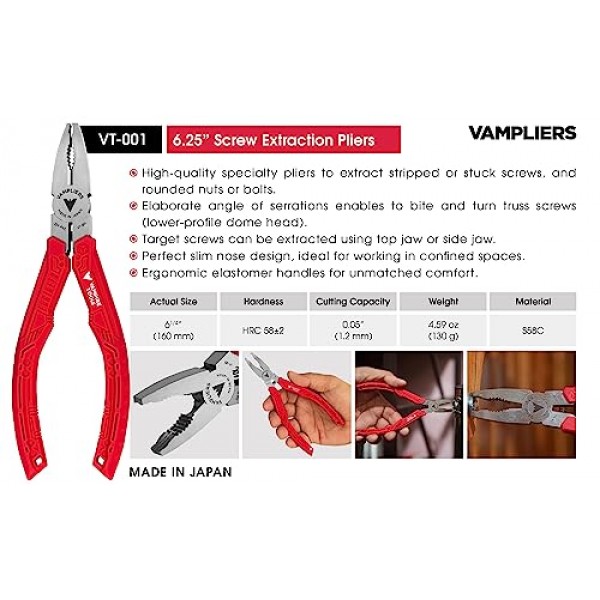 VAMPLIERS 4피스 벗겨진 나사 추출 플라이어 세트. 일본에서 제작되었습니다. 탄소강. 8 라인즈맨, 7.5 긴 노즈, 6.25 다목적 및 5 ESD 안전 플라이어. 벗겨진/손상된/녹슨 나