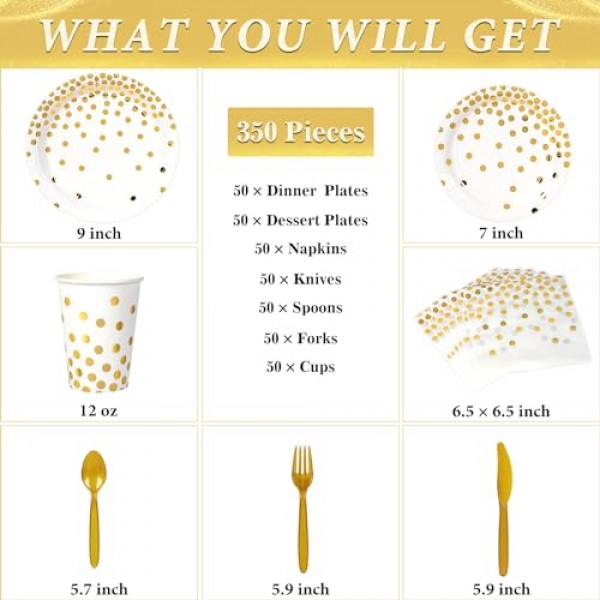 DECORLIFE 350PCS 금 접시 및 냅킨 파티 용품 50명, 흰색 및 금색 종이 접시, 약혼, 베이비 샤워, 결혼식, 생일, 집들이용 컵 포함