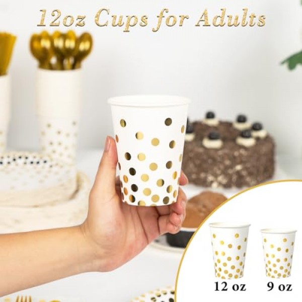 DECORLIFE 350PCS 금 접시 및 냅킨 파티 용품 50명, 흰색 및 금색 종이 접시, 약혼, 베이비 샤워, 결혼식, 생일, 집들이용 컵 포함