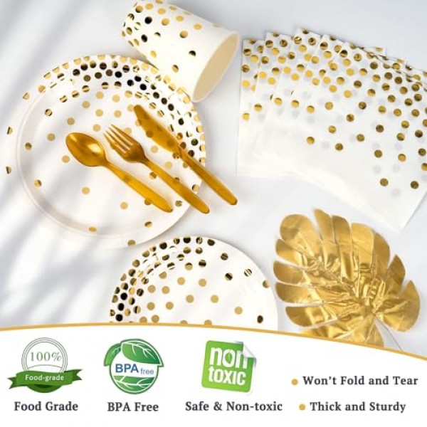 DECORLIFE 350PCS 금 접시 및 냅킨 파티 용품 50명, 흰색 및 금색 종이 접시, 약혼, 베이비 샤워, 결혼식, 생일, 집들이용 컵 포함