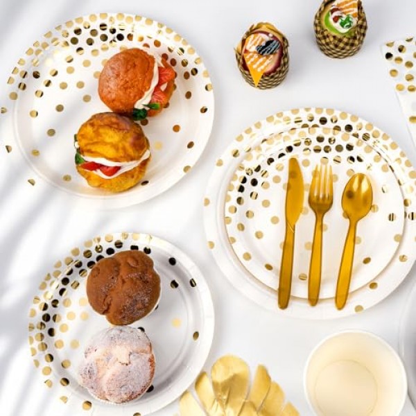 DECORLIFE 350PCS 금 접시 및 냅킨 파티 용품 50명, 흰색 및 금색 종이 접시, 약혼, 베이비 샤워, 결혼식, 생일, 집들이용 컵 포함