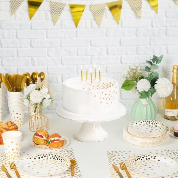 DECORLIFE 350PCS 금 접시 및 냅킨 파티 용품 50명, 흰색 및 금색 종이 접시, 약혼, 베이비 샤워, 결혼식, 생일, 집들이용 컵 포함