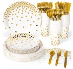 DECORLIFE 350PCS 금 접시 및 냅킨 파티 용품 50명, 흰색 및 금색 종이 접시, 약혼, 베이비 샤워, 결혼식, 생일, 집들이용 컵 포함