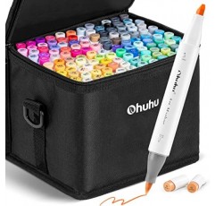 Ohuhu 알코올 마커 브러시 팁 - 아티스트 성인을 위한 더블 팁 아트 마커 세트 컬러링 일러스트레이션 - 120가지 색상 - 브러시 및 끌 듀얼 팁 - 오후후 마커의 호놀룰루 - 