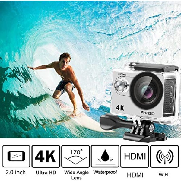 AKASO 액션캠 EK7000 4K30FPS 액션 카메라 170° 광각 HD 수중 카메라 20MP WiFi 방수 스포츠 카메라 2인치 LCD 화면(배터리 2개 포함)(실버)