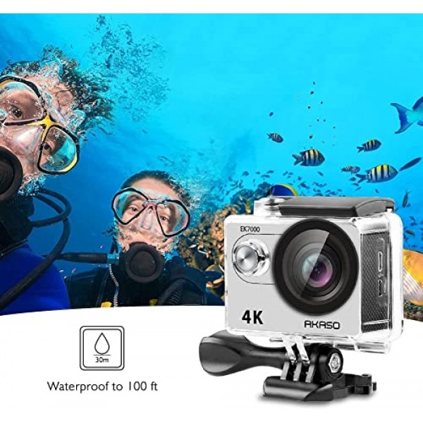 AKASO 액션캠 EK7000 4K30FPS 액션 카메라 170° 광각 HD 수중 카메라 20MP WiFi 방수 스포츠 카메라 2인치 LCD 화면(배터리 2개 포함)(실버)