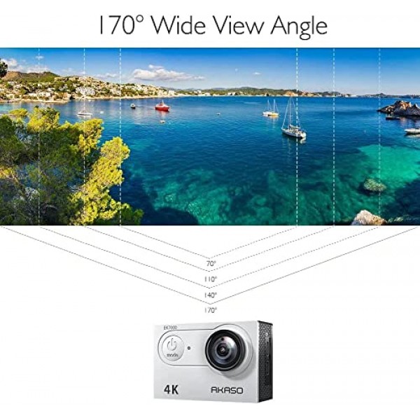 AKASO 액션캠 EK7000 4K30FPS 액션 카메라 170° 광각 HD 수중 카메라 20MP WiFi 방수 스포츠 카메라 2인치 LCD 화면(배터리 2개 포함)(실버)