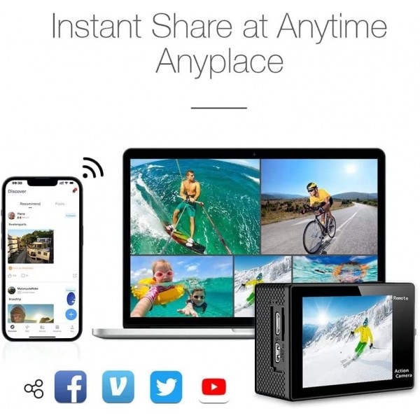 AKASO 액션캠 EK7000 4K30FPS 액션 카메라 170° 광각 HD 수중 카메라 20MP WiFi 방수 스포츠 카메라 2인치 LCD 화면(배터리 2개 포함)(실버)