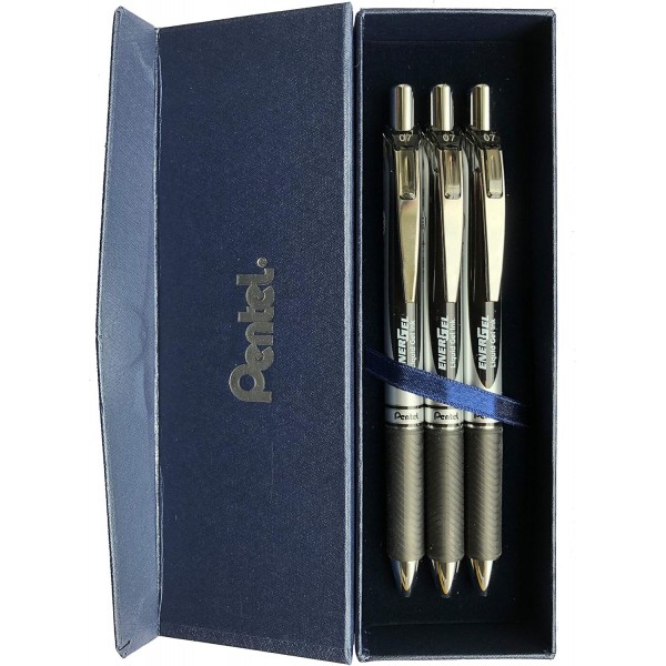Pentel BL77 젤 롤러 볼 펜 EnerGel with push mechanism, 블랙 3개 + 블루 케이스, 0.7mm(선물 세트)