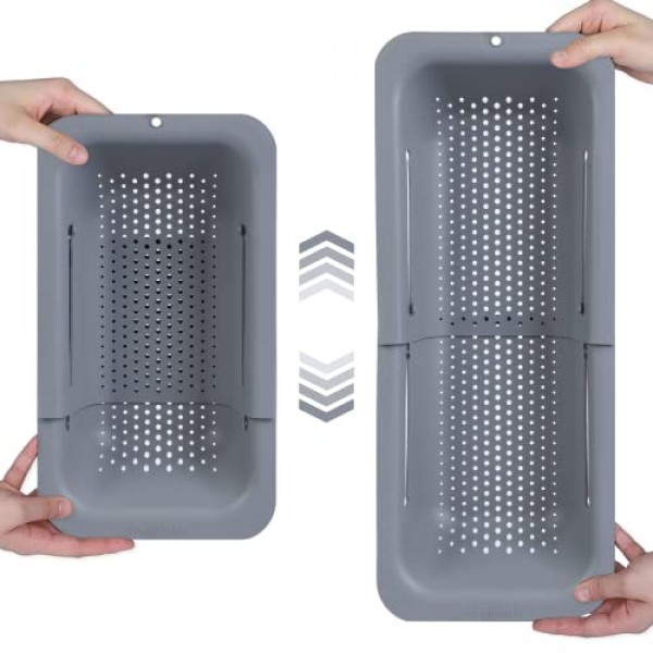 BLUE GINKGO 싱크대 위 소쿠리 여과기 바구니 - 야채와 과일 세척, 조리된 파스타 및 건조 접시 배수 - 확장 가능 - 새로운 가정용 주방 필수품(7.9W x 14-19L x 2.75H) - 회색