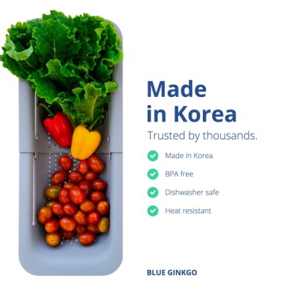BLUE GINKGO 싱크대 위 소쿠리 여과기 바구니 - 야채와 과일 세척, 조리된 파스타 및 건조 접시 배수 - 확장 가능 - 새로운 가정용 주방 필수품(7.9W x 14-19L x 2.75H) - 회색