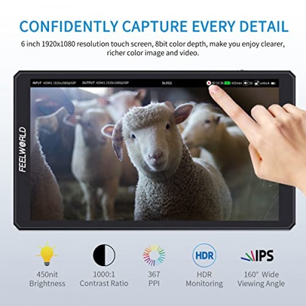 FEELWORLD CUT6 6인치 USB 2.0 레코더 모니터 DSLR 카메라 필드 모니터(터치스크린 포함) HDMI 루프 아웃 LUT FHD IPS 4K HDMI 1920x1080