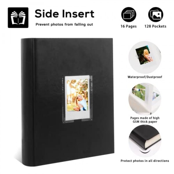 쓰기 공간이 있는 128 포켓 사진 앨범, 전면 창, 폴라로이드 사진 앨범용 3인치 Fujifilm Instax Mini 12 11 9 8 7s 40 EVO, Polaroid 300, HP Sprocket, K-pop Photocards(검은색)와 호환 가능