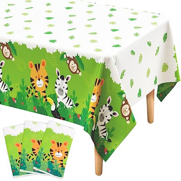 DECORLIFE 3 팩 정글 사파리 식탁보, 동물 프린트가 있는 귀여운 정글 테이블 천, 108 x 54 야생 1 생일 테이블 커버, 소년 어린이 생일, 베이비 샤워를 위한 동물원 파티 장