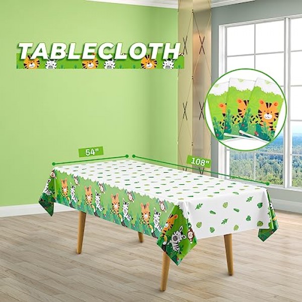 DECORLIFE 3 팩 정글 사파리 식탁보, 동물 프린트가 있는 귀여운 정글 테이블 천, 108 x 54 야생 1 생일 테이블 커버, 소년 어린이 생일, 베이비 샤워를 위한 동물원 파티 장