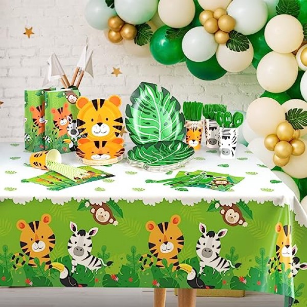 DECORLIFE 3 팩 정글 사파리 식탁보, 동물 프린트가 있는 귀여운 정글 테이블 천, 108 x 54 야생 1 생일 테이블 커버, 소년 어린이 생일, 베이비 샤워를 위한 동물원 파티 장