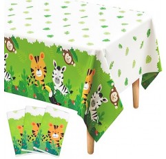 DECORLIFE 3 팩 정글 사파리 식탁보, 동물 프린트가 있는 귀여운 정글 테이블 천, 108 x 54 야생 1 생일 테이블 커버, 소년 어린이 생일, 베이비 샤워를 위한 동물원 파티 장