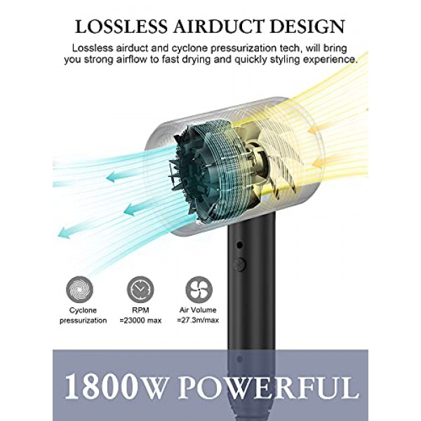 이온 헤어 드라이어, 1800W 전문 블로우 드라이어, 디퓨저 및 2개의 노즐이 있는 빠른 건조 음이온 헤어 드라이어, 강력한 AC 모터, 쿨/웜/핫 3 가열, 2 속도, 여성용 남성