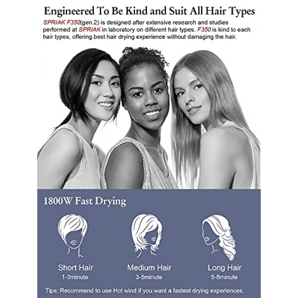 이온 헤어 드라이어, 1800W 전문 블로우 드라이어, 디퓨저 및 2개의 노즐이 있는 빠른 건조 음이온 헤어 드라이어, 강력한 AC 모터, 쿨/웜/핫 3 가열, 2 속도, 여성용 남성
