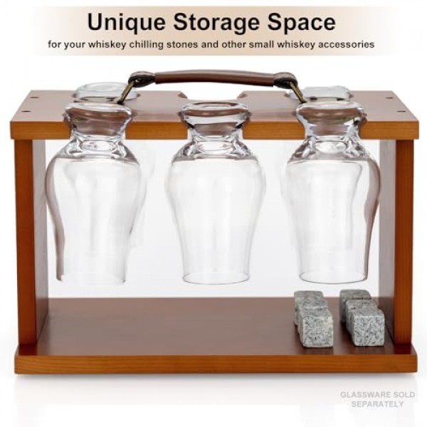 나무 위스키 시음 유리 랙 - Glencairn 위스키 잔 6개 세트와 호환 가능, 유리 제품 건조 홀더 캐리어 버번 위스키 잔 보관 주최자(돌 포함)