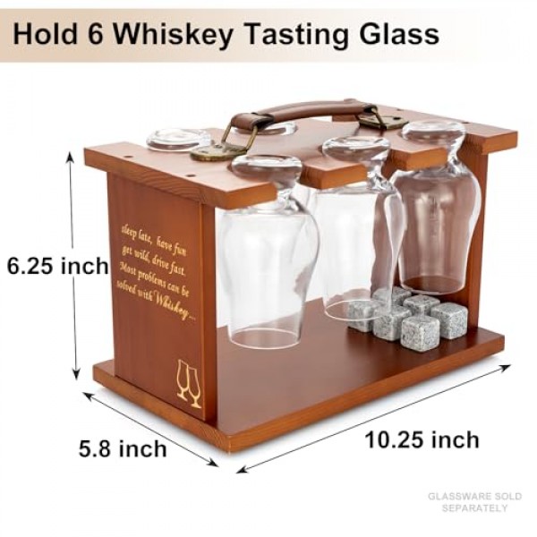 나무 위스키 시음 유리 랙 - Glencairn 위스키 잔 6개 세트와 호환 가능, 유리 제품 건조 홀더 캐리어 버번 위스키 잔 보관 주최자(돌 포함)