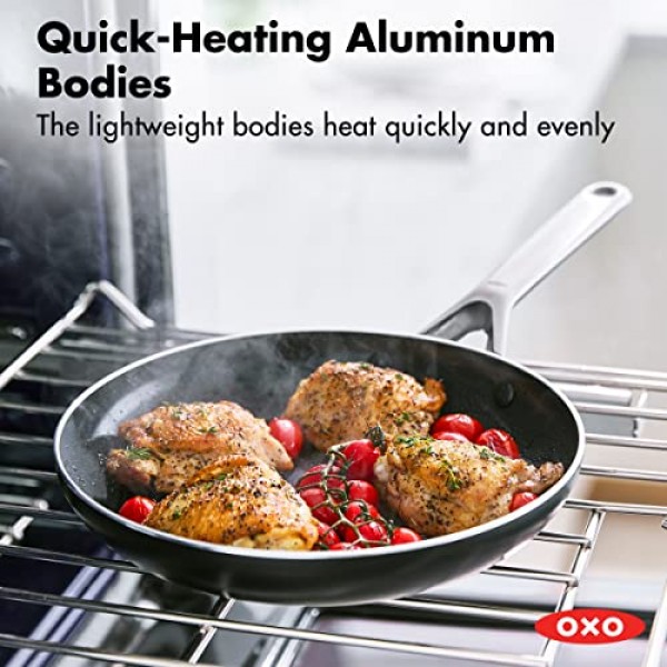 OXO Agility 시리즈 12인치 프라이팬 프라이팬, PFAS 없는 붙지 않는 경량 알루미늄, 인덕션 베이스, 빠른 균일 가열, 스테인리스 스틸 손잡이, 칩 없는 테두리, 식기세척기 