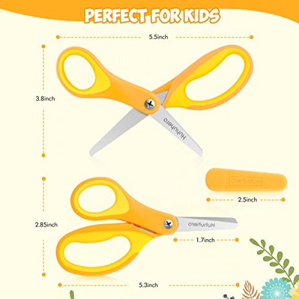 Huhuhero 어린이 가위 5인치 소형 안전 가위(커버 포함), 4팩 학생 가위 교실용 대량, 컴포트 그립 어린이용 스크랩북 가위 공예, 공예 미술 용품 ​​다양한 색상