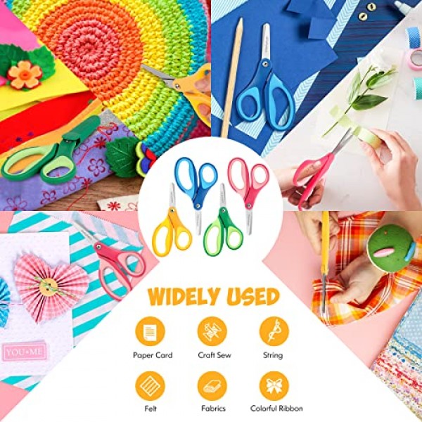 Huhuhero 어린이 가위 5인치 소형 안전 가위(커버 포함), 4팩 학생 가위 교실용 대량, 컴포트 그립 어린이용 스크랩북 가위 공예, 공예 미술 용품 ​​다양한 색상